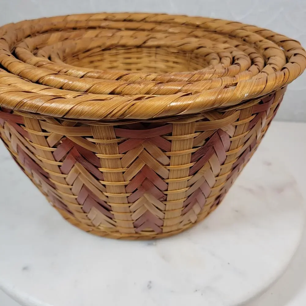 6 VTG Nesting Wicker Baskets Tan Brown Woven Chevron Boho Baskets Cottage Core